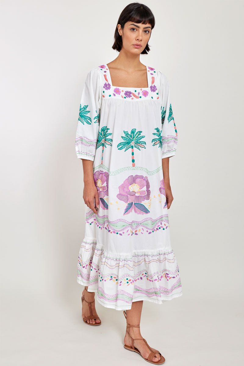 Model wearing East Heritage Zarella Embroidered White Dress