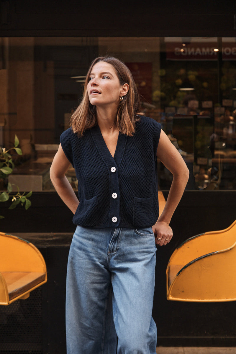 ELEONORE Sleeveless V-Neck Cardigan in Organic Cotton - Navy Blue