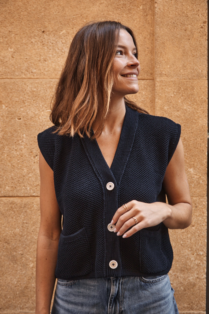 ELEONORE Sleeveless V-Neck Cardigan in Organic Cotton - Navy Blue