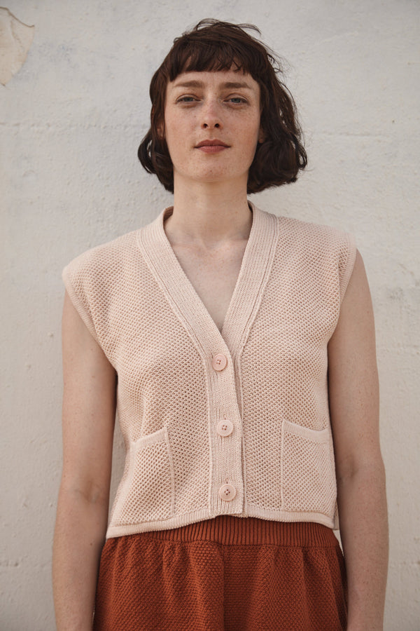 ELEONORE Sleeveless V-Neck Cardigan in Organic Cotton - Powder Pink