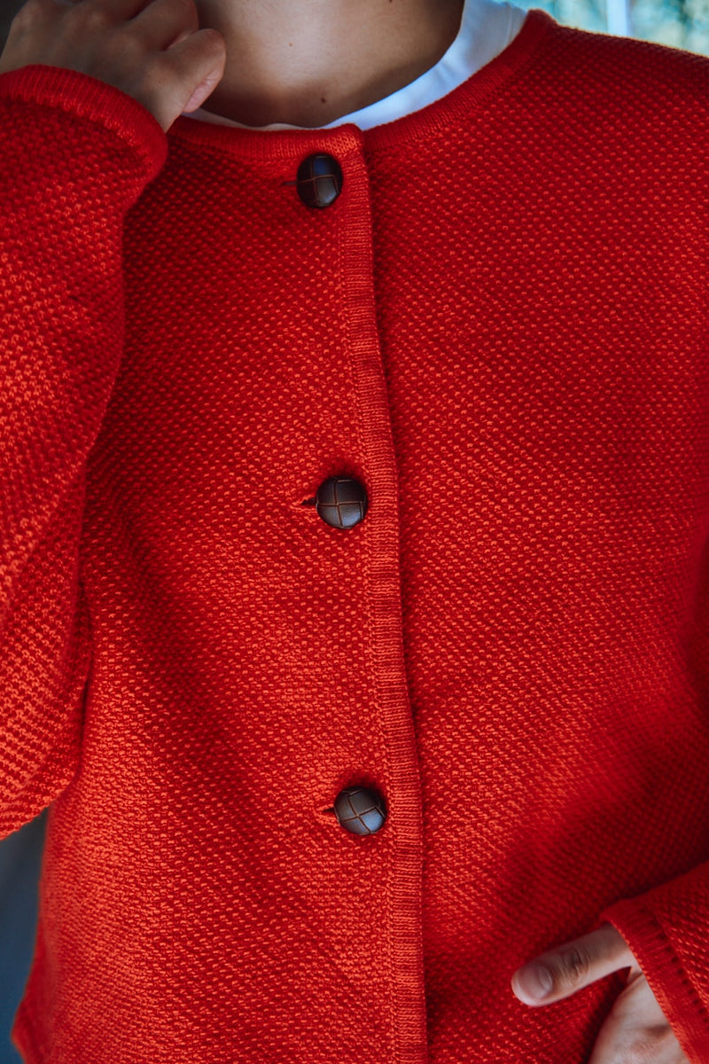 EMILIE Short Jacket in Organic Cotton - Red, 100% sustainable knitwear - L'envers 