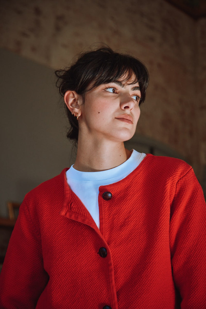 EMILIE Short Jacket in Organic Cotton - Red, 100% sustainable knitwear - L'envers 