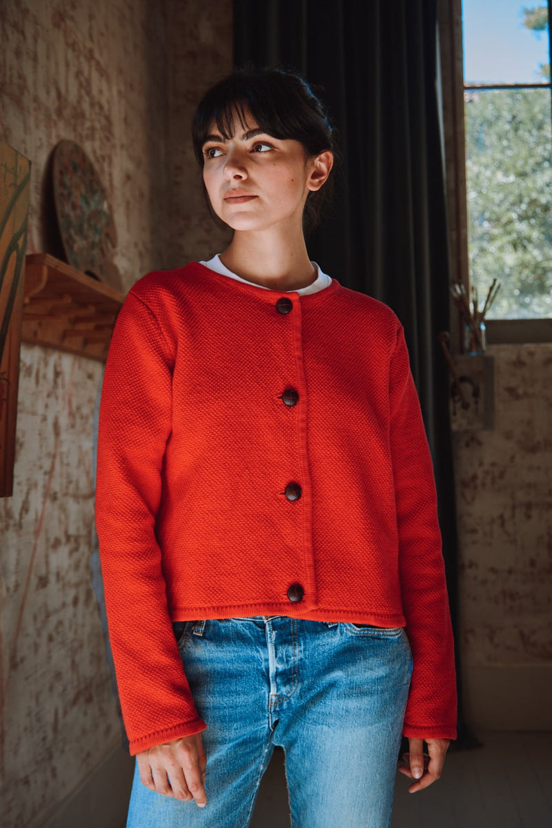 EMILIE Short Jacket in Organic Cotton - Red, 100% sustainable knitwear - L'envers 