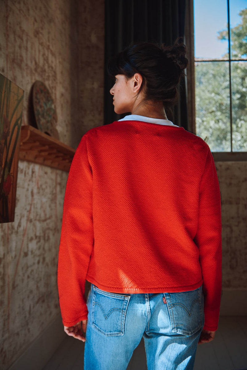 EMILIE Short Jacket in Organic Cotton - Red, 100% sustainable knitwear - L'envers 