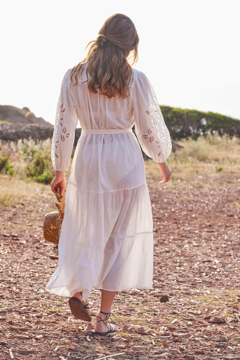 Back view of model wearing East Heritage Bridget White Organic Cotton Embroidered Dress