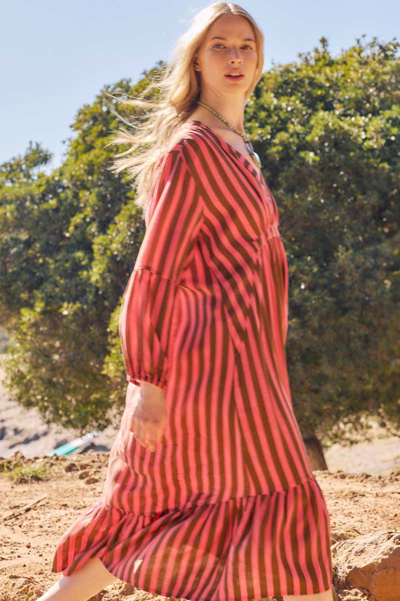 Model wears East Maeve Stripe Dress