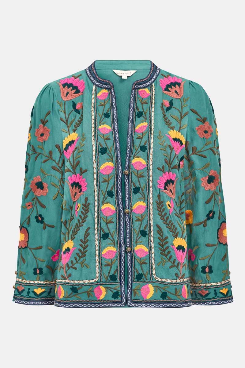 Front view flat shot cut out of East Eve Emerald Embroidered Jacket