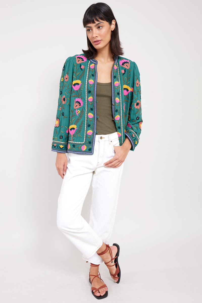 Model wears East Eve Emerald Embroidered Jacket