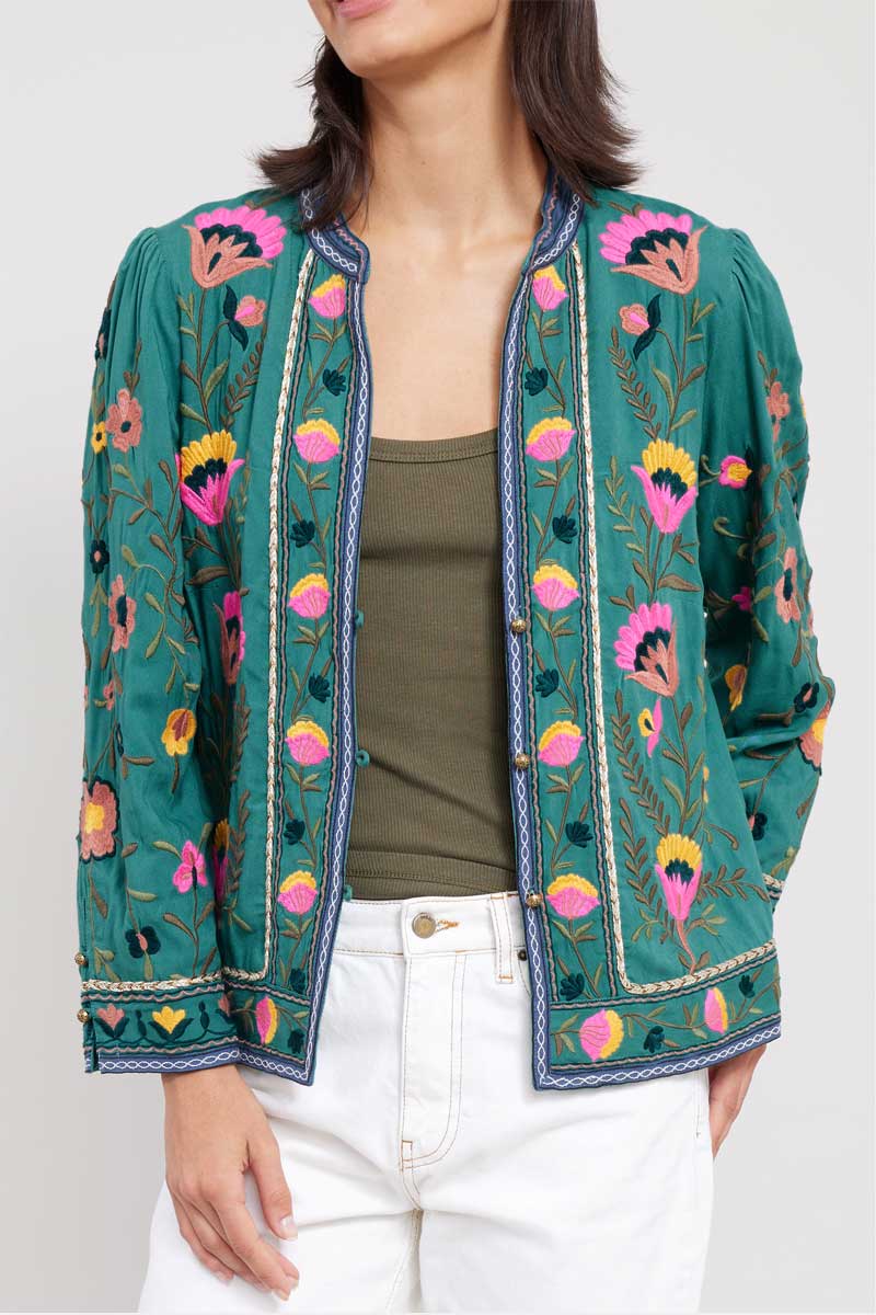 Close up of model wearing East Eve Emerald Embroidered Jacket