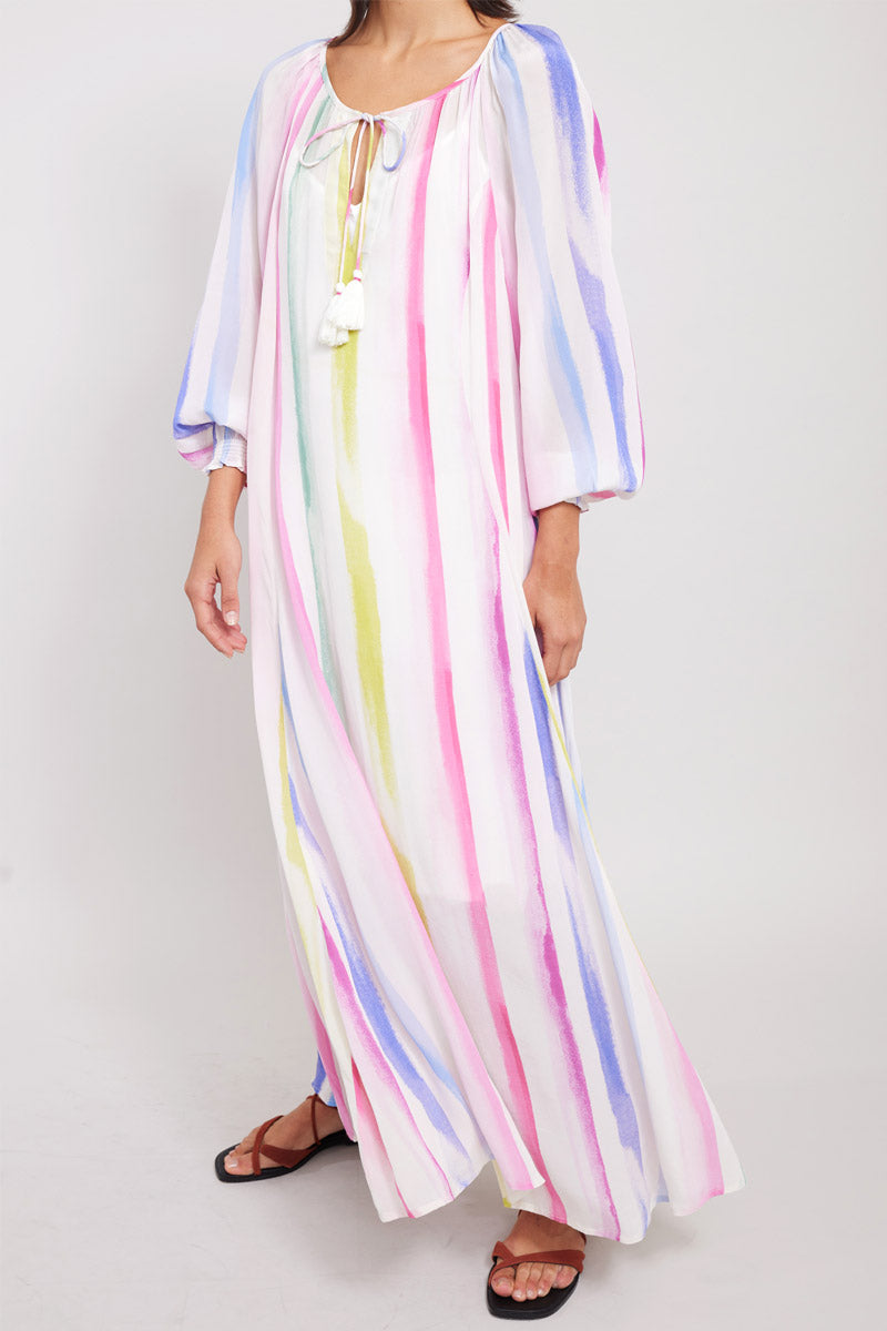 close up of model wearing East Kandi Rainbow Dress