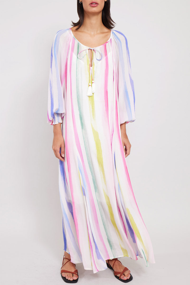Model wears East Kandi Rainbow Dress
