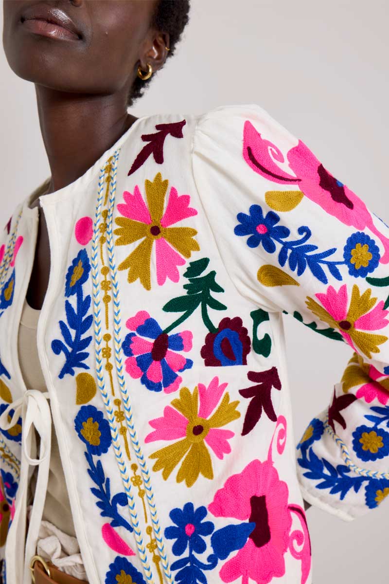 Close up of model wearing East Kimberley Embroidered Jacket