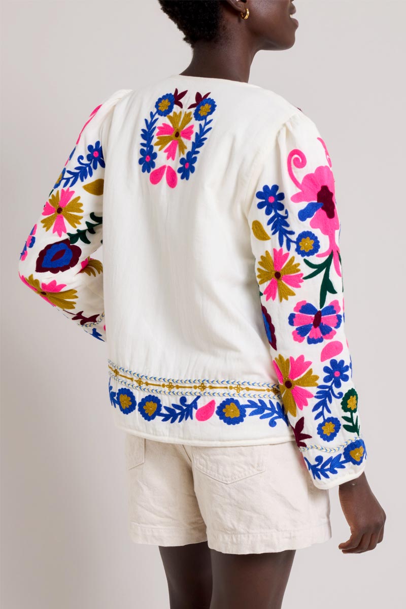 Back view of model wearing East Kimberley Embroidered Jacket