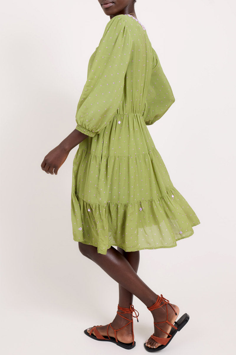 Back view of model wearing East Malia Green Dress