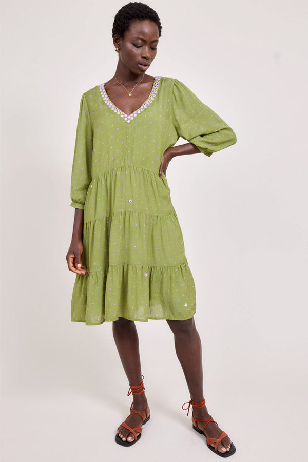 Model wears East Malia Green Dress, hand on hip