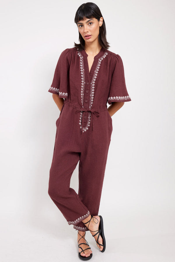 Front view of model wearing East Vivi Embroidered Jumpsuit