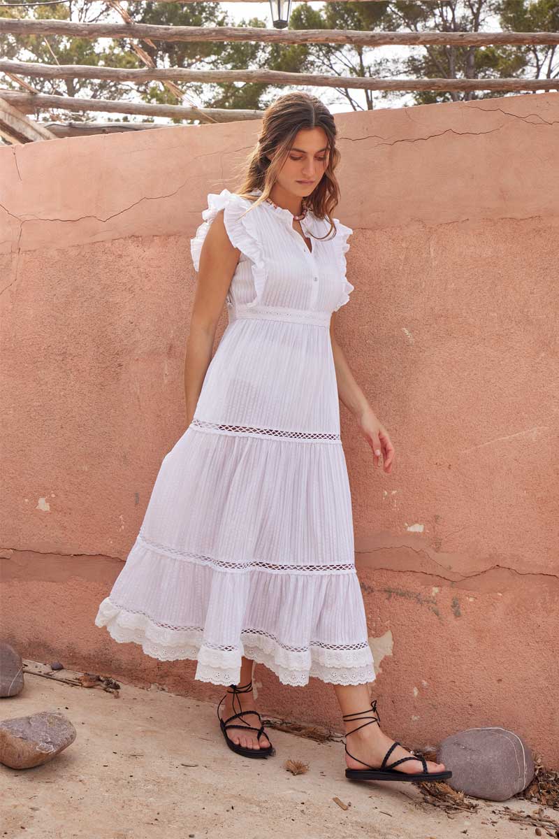 Side view of model wearing East Heritage Peyton White Organic Cotton Dress