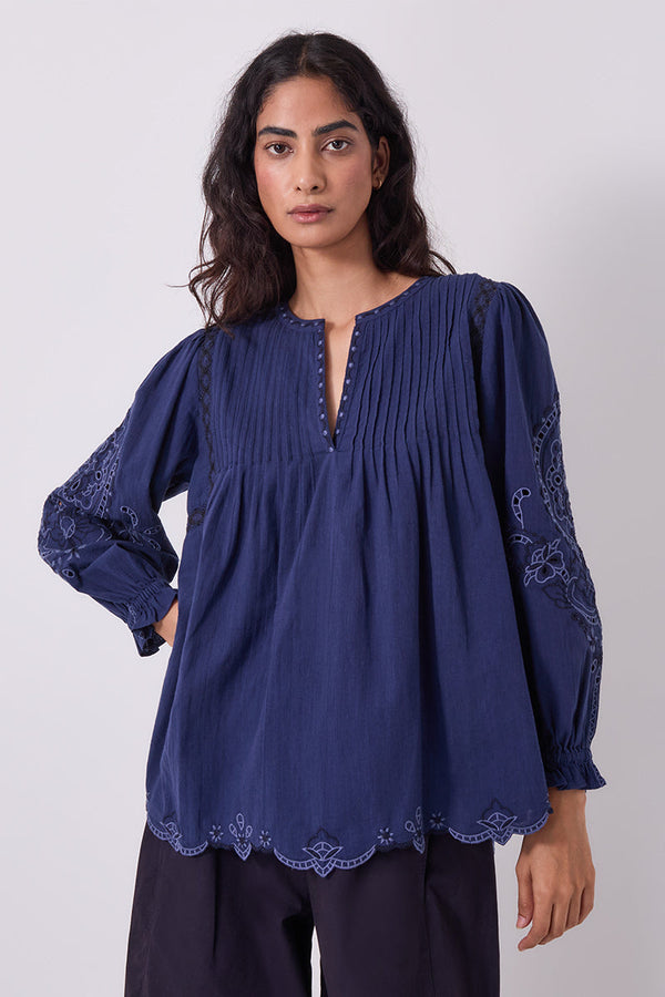Pavlina Embroidered Cotton Navy Top