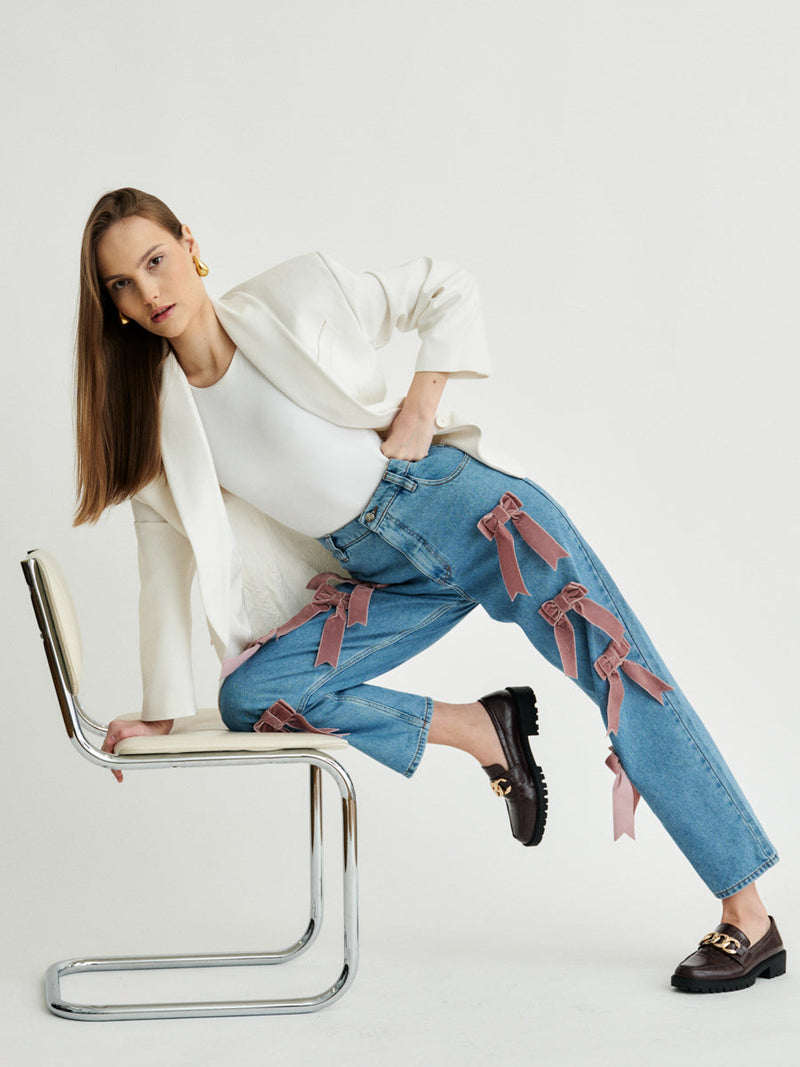 Women's Blue Denim Jeans with Velvet Bows | Sustainable | Eden | Fanfare