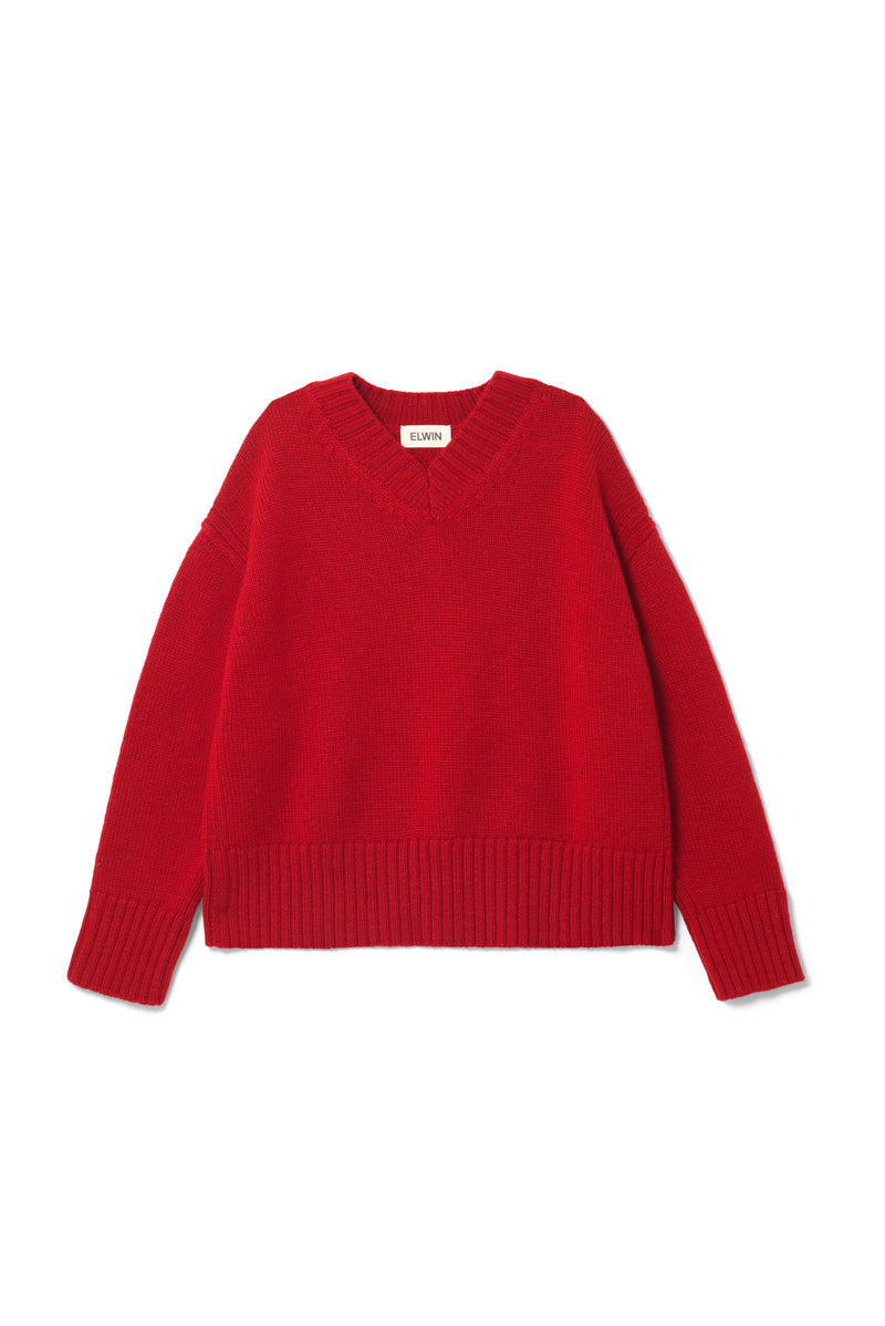 Raye British Wool V Neck Sweater Red