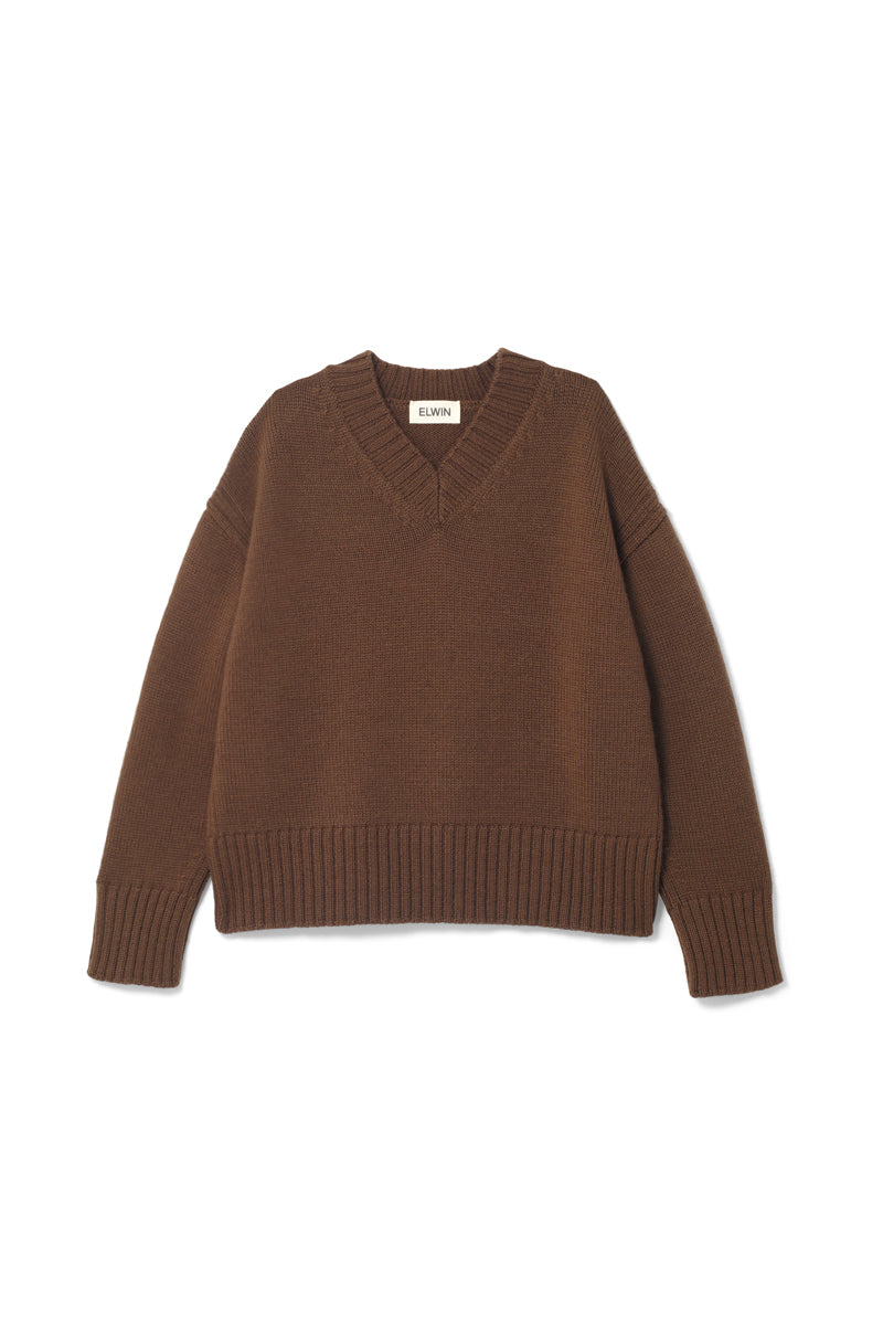 Raye British Wool V Neck Sweater Brown Umber