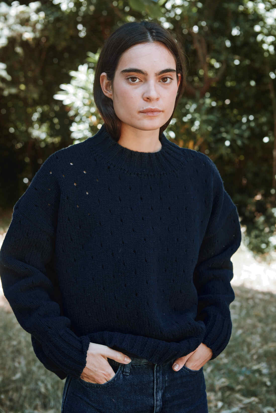 FAUSTINE Open-Weave Sweater in Merino Wool - Navy - L'ENVERS