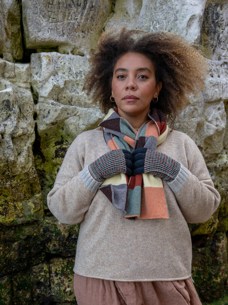 British Made Merino Chequerboard Pattern Unisex Scarf in Salmon, Light Green, Rust Red, Vole, Light Yellow & Dark Brown