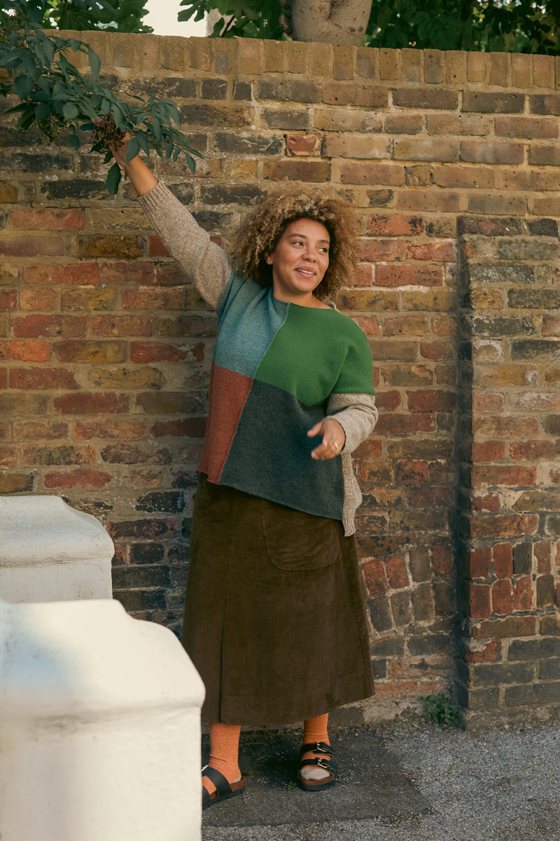 Quadrant wool jumper in Blue, Green, Grey, Rust and natural marl