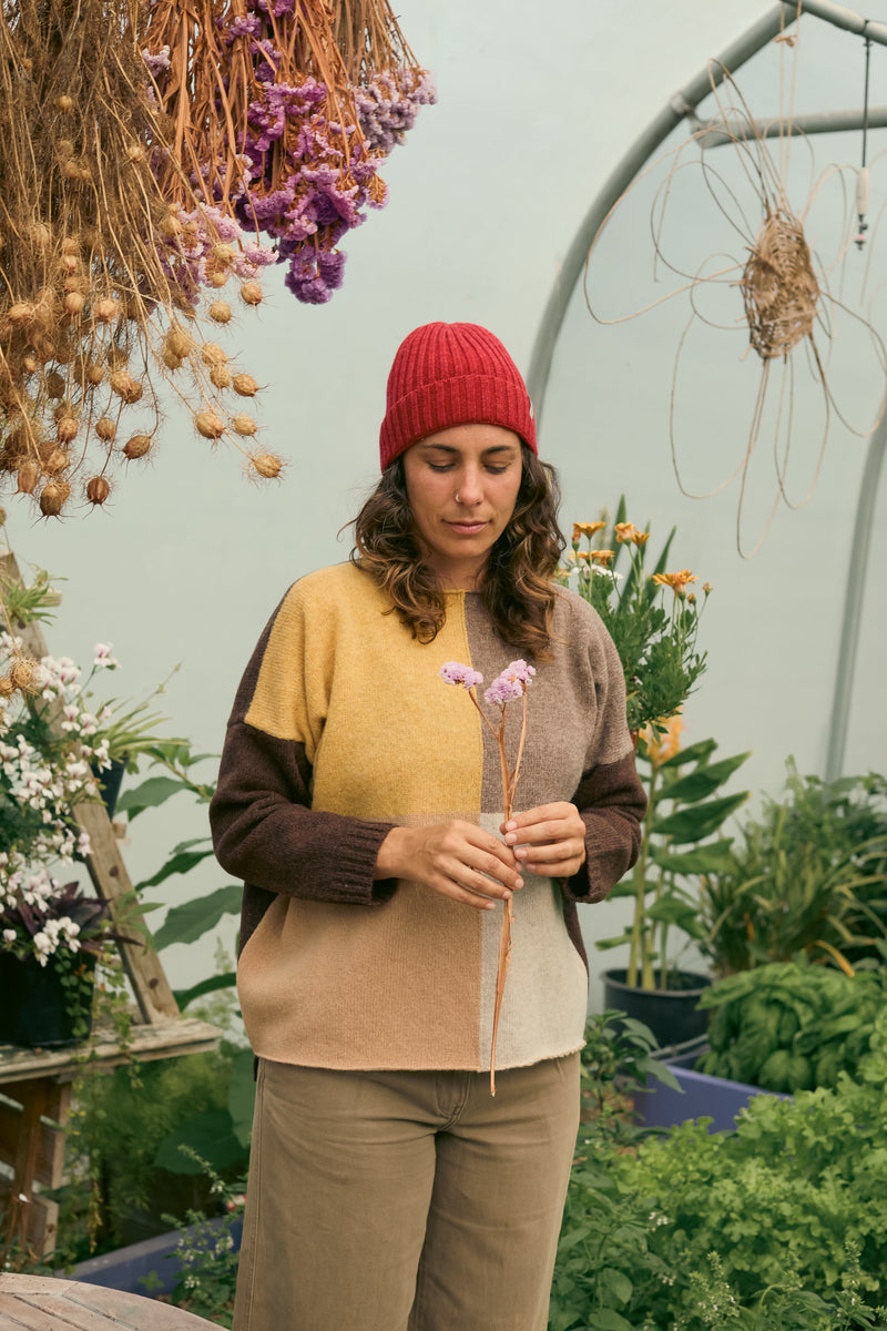 Unisex wool fishermans beanie red. Wool Quadrant Jumper in mustard yellow, brown and grey