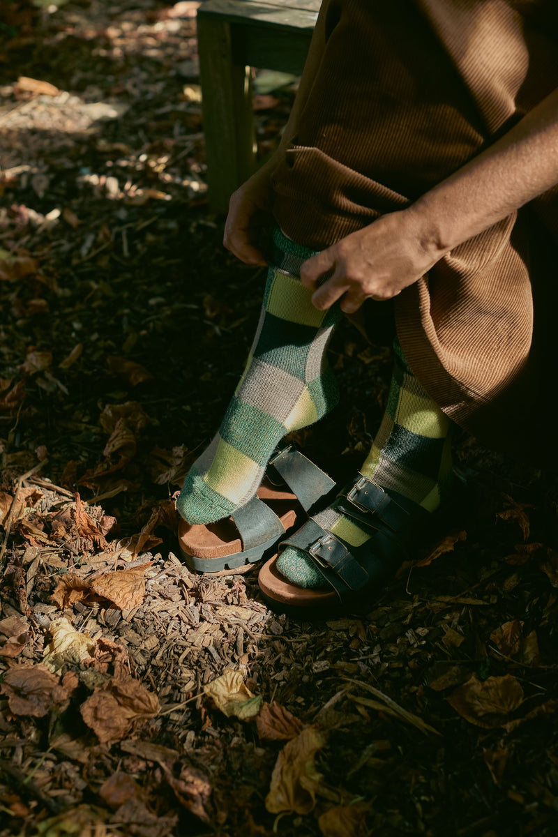 Merino Wool Chequerboard Socks Green and Yellow