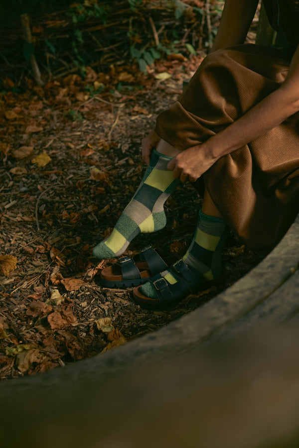 Merino Wool Chequerboard Socks Green and Yellow