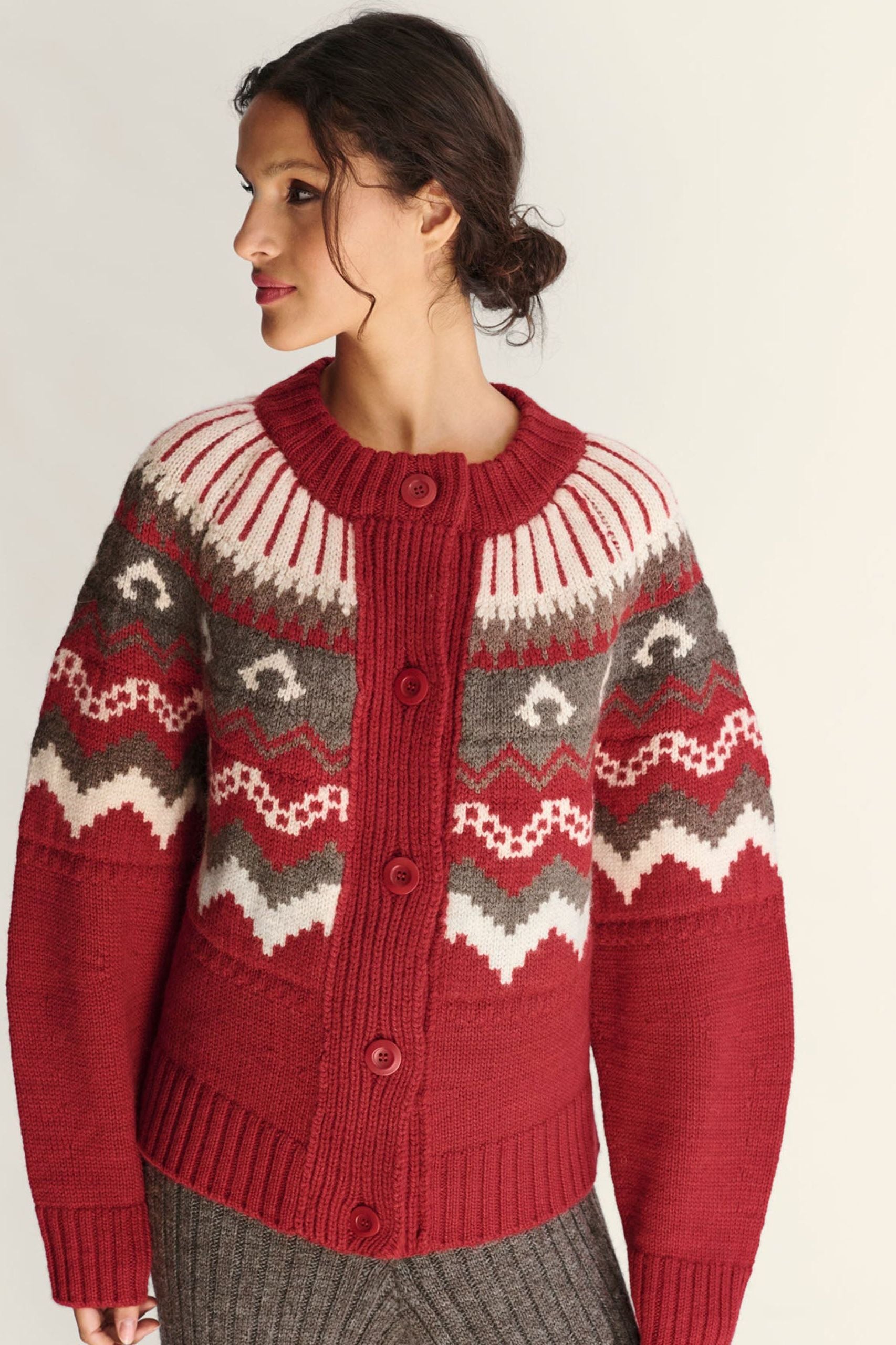 Fleetwood Cardigan in Jam with Peat & Ecru