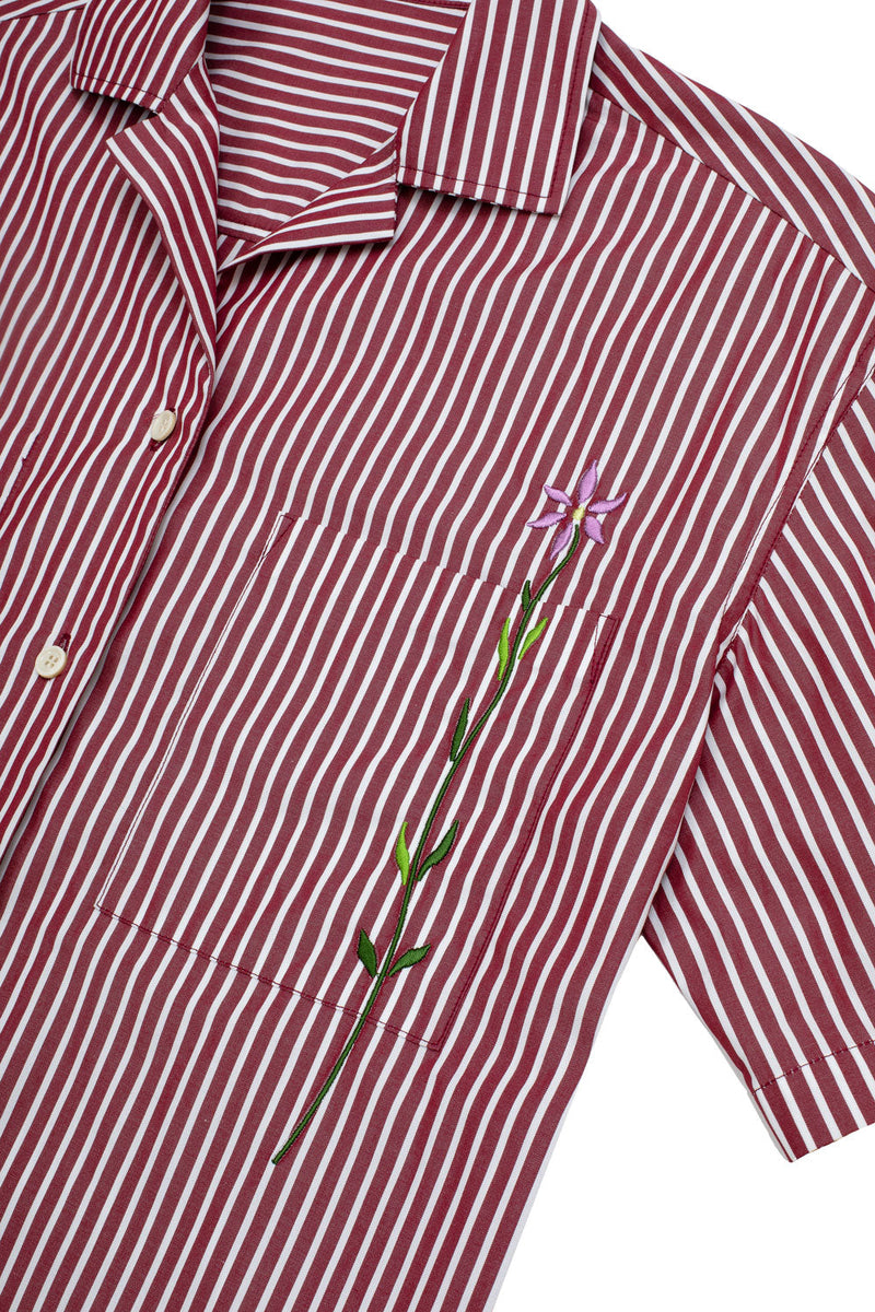 Frances Unisex Cuban Shirt, Berry Red Stripe