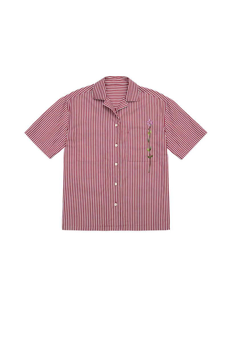 Unisex Cuban Style Short Sleeve Shirt, Saywood Frances Unisex Cuban Shirt in Cotton Berry Red Stirpe, with embroidered flower on the patch pocket. Made in London, UK