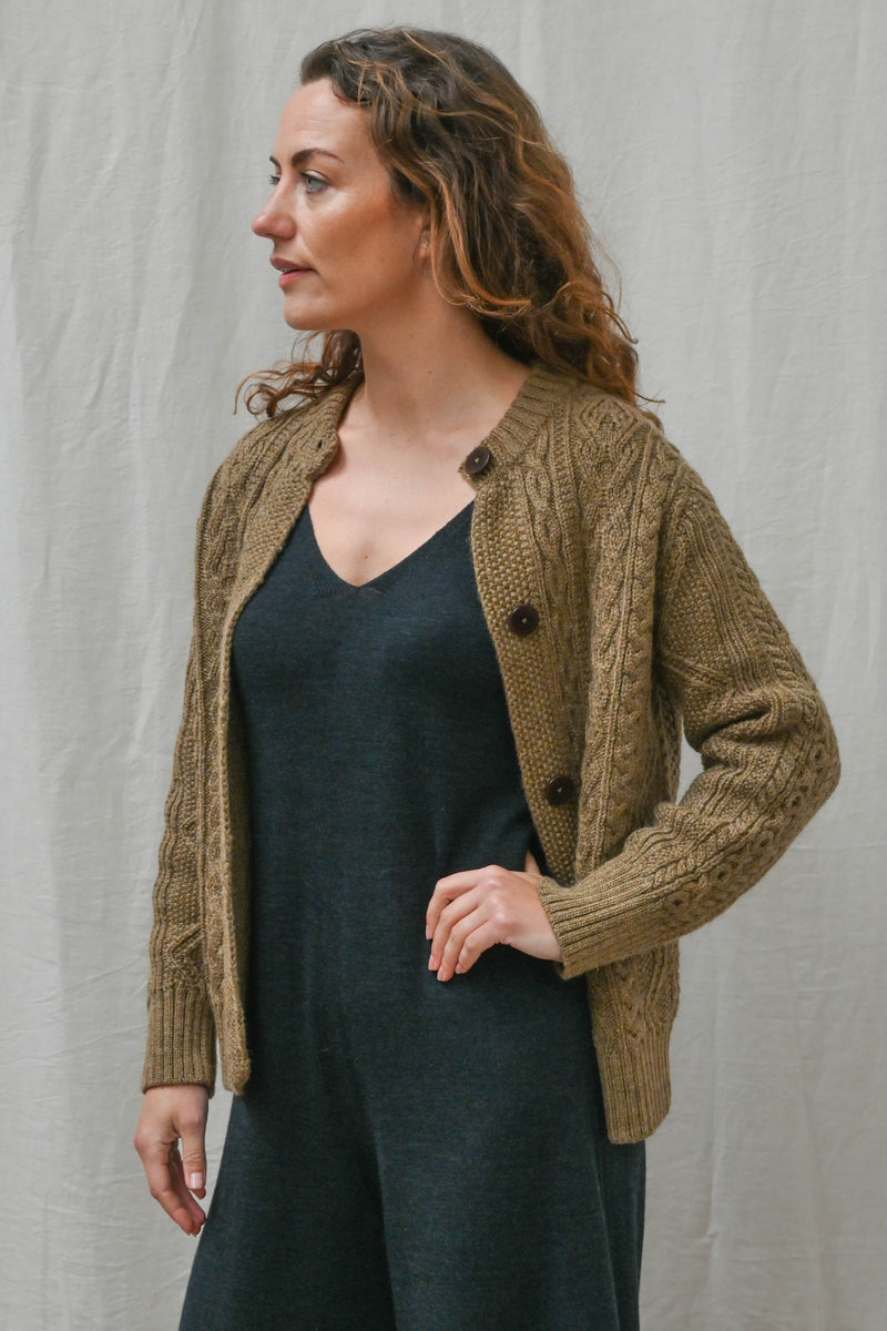 The Freyja British Wool Cable Cardigan in Bronze Olive