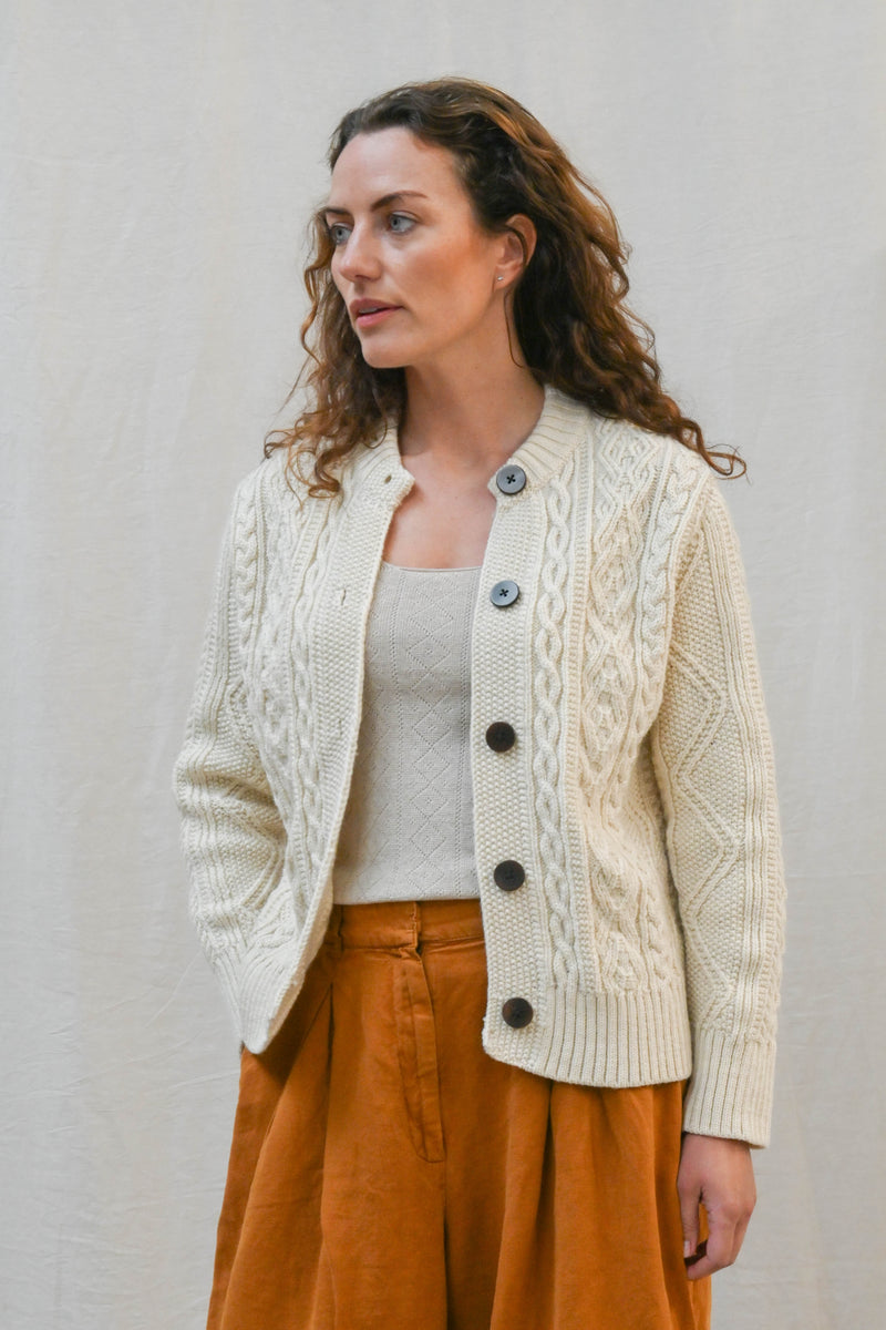 The Freyja British Wool Cable Cardigan in Ecru