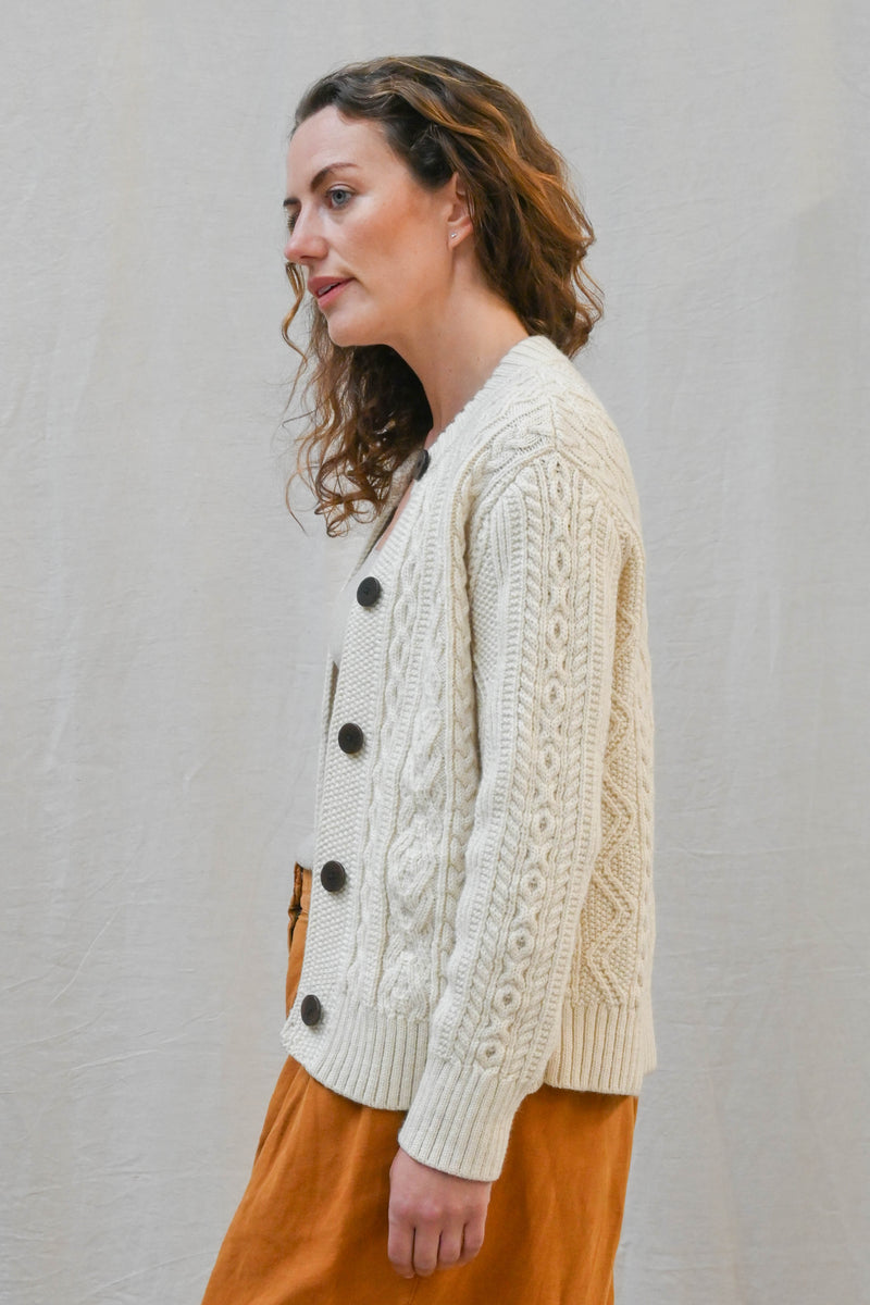 The Freyja British Wool Cable Cardigan in Ecru