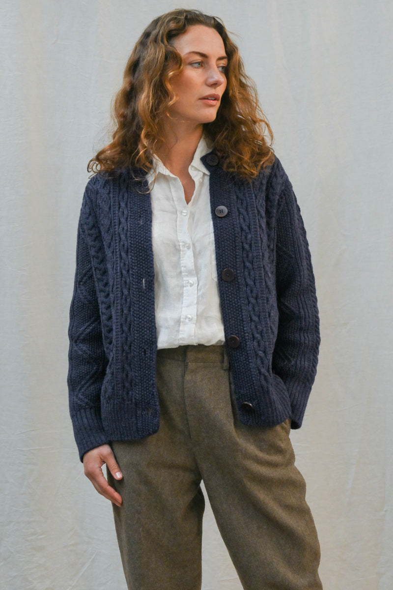 The Freyja British Wool Cable Cardigan in Navy