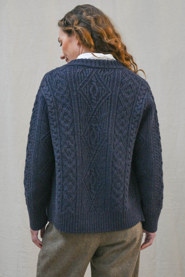 The Freyja British Wool Cable Cardigan in Navy