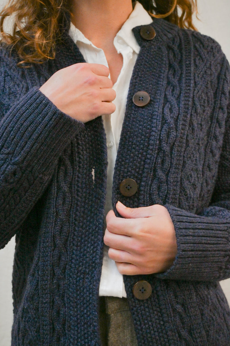 The Freyja British Wool Cable Cardigan in Navy