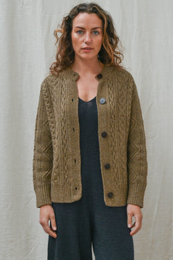 The Freyja British Wool Cable Cardigan in Bronze Olive