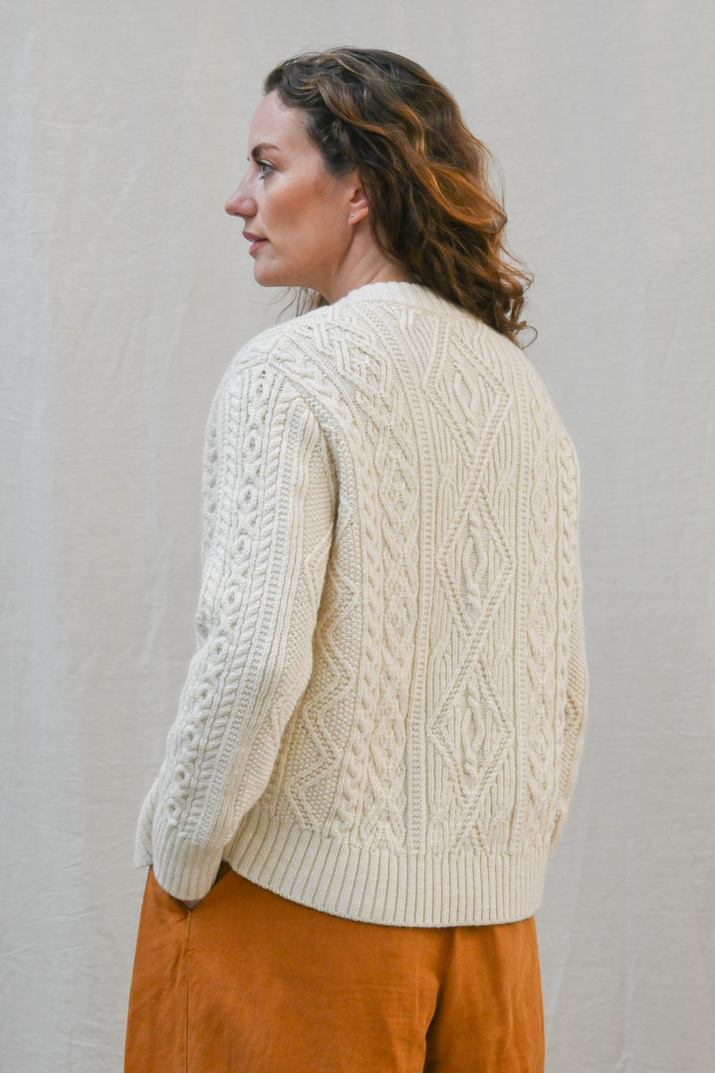 The Freyja British Wool Cable Cardigan in Ecru