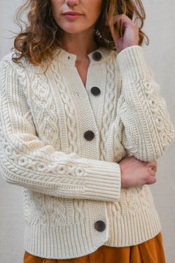 The Freyja British Wool Cable Cardigan in Ecru