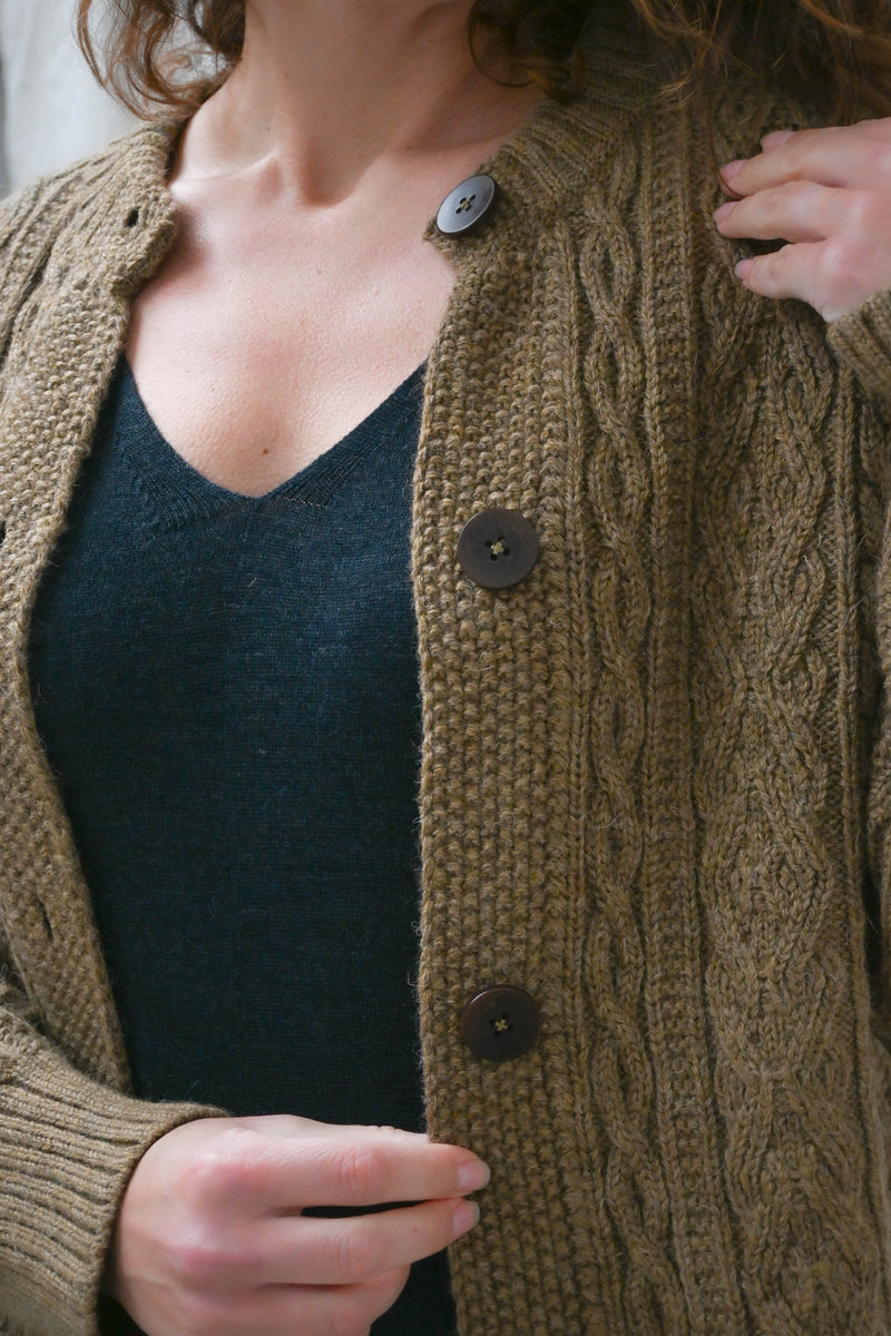 The Freyja British Wool Cable Cardigan in Bronze Olive