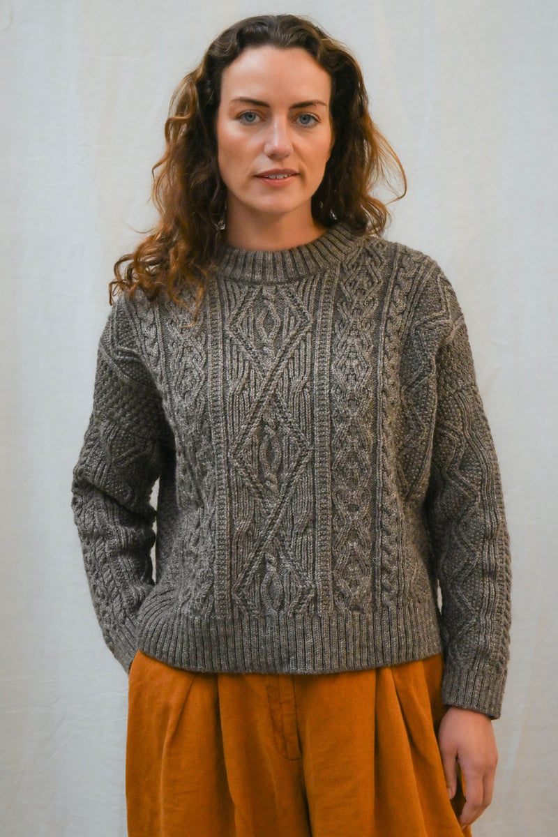 The Freyja British Wool Cable Sweater in Steel Grey