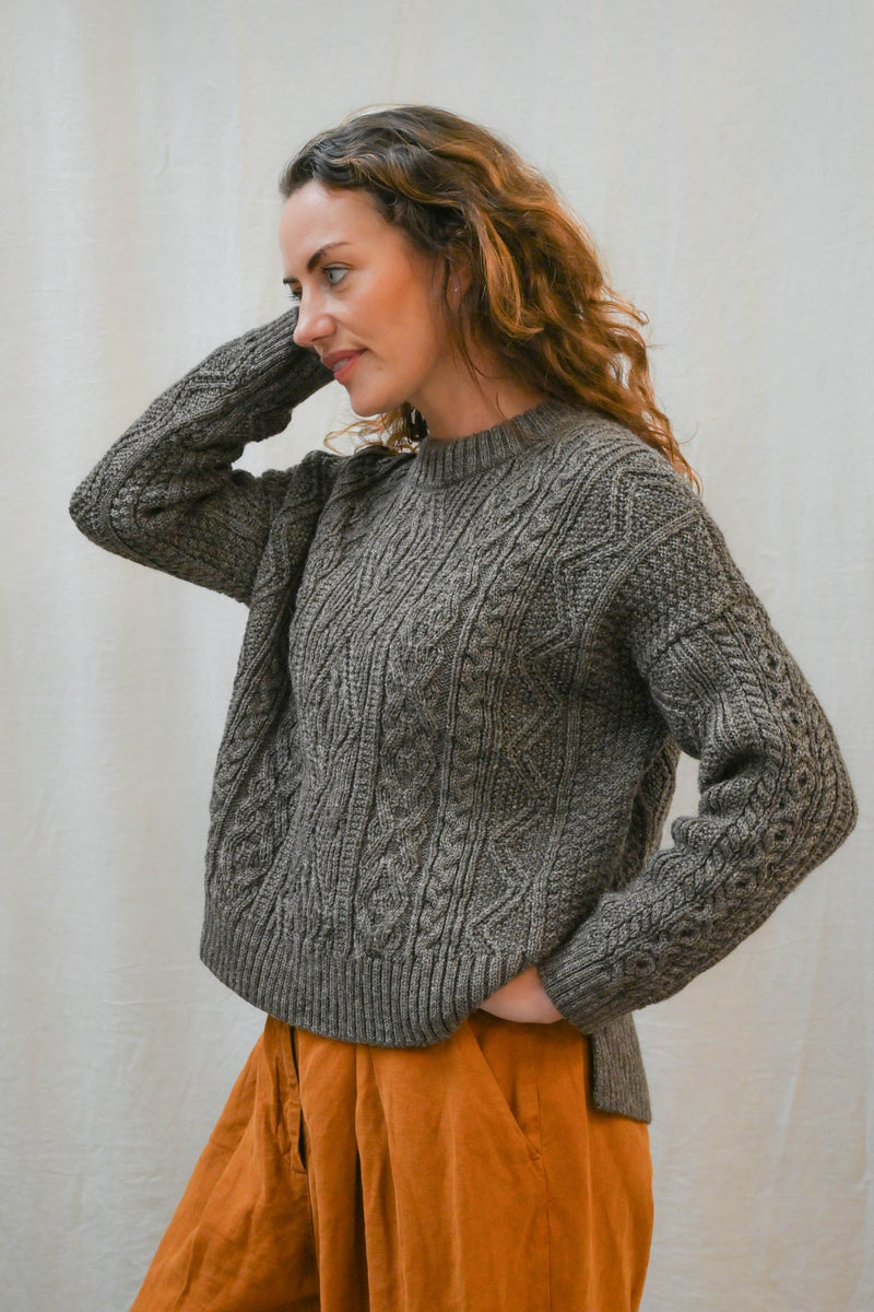 The Freyja British Wool Cable Sweater in Steel Grey