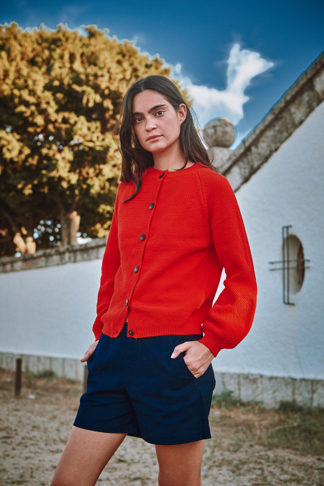 GABY Balloon-Sleeve Cardigan in Organic Cotton - Red - L'ENVERS