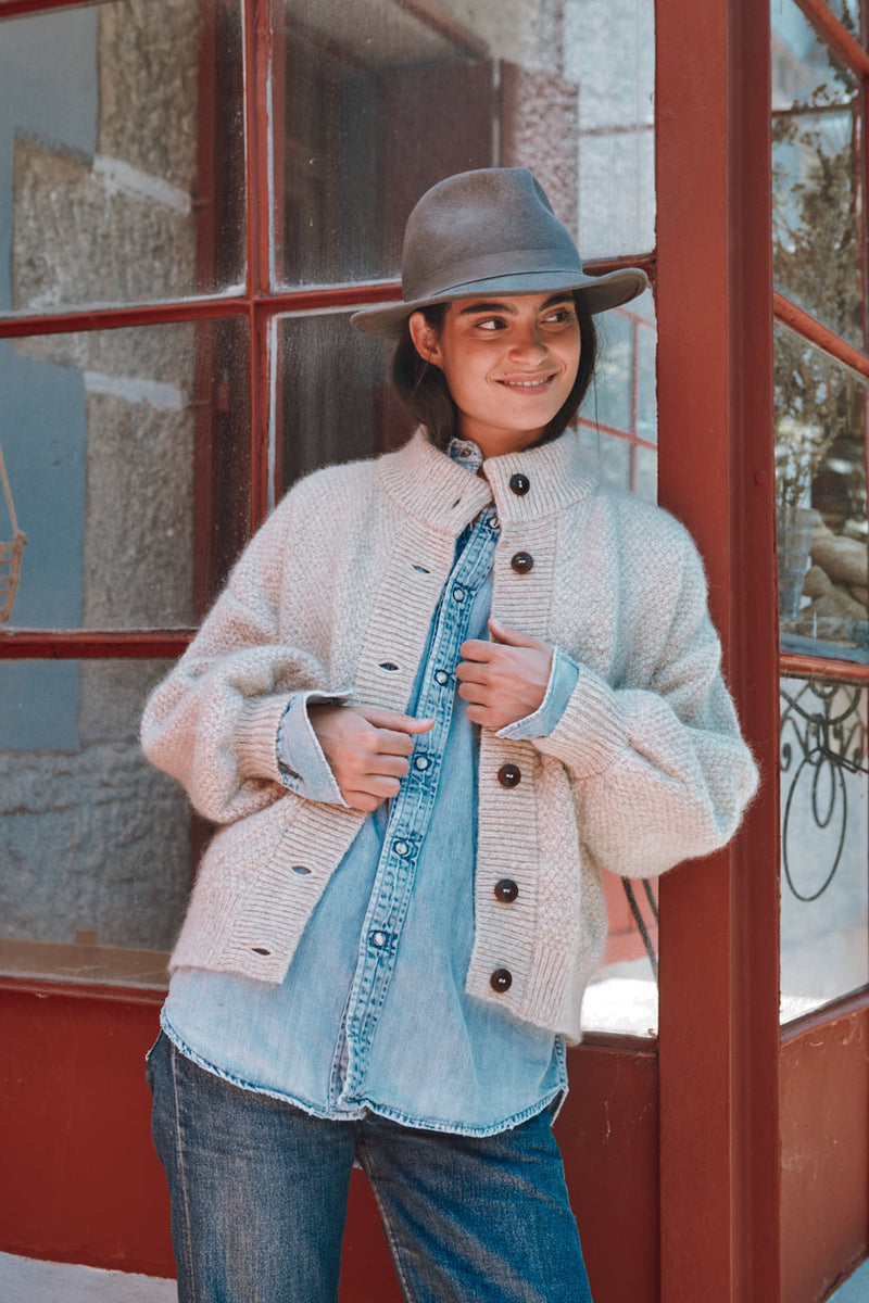GEORGE High-Neck Cardigan Jacket in Merino-Mohair Wool - Beige