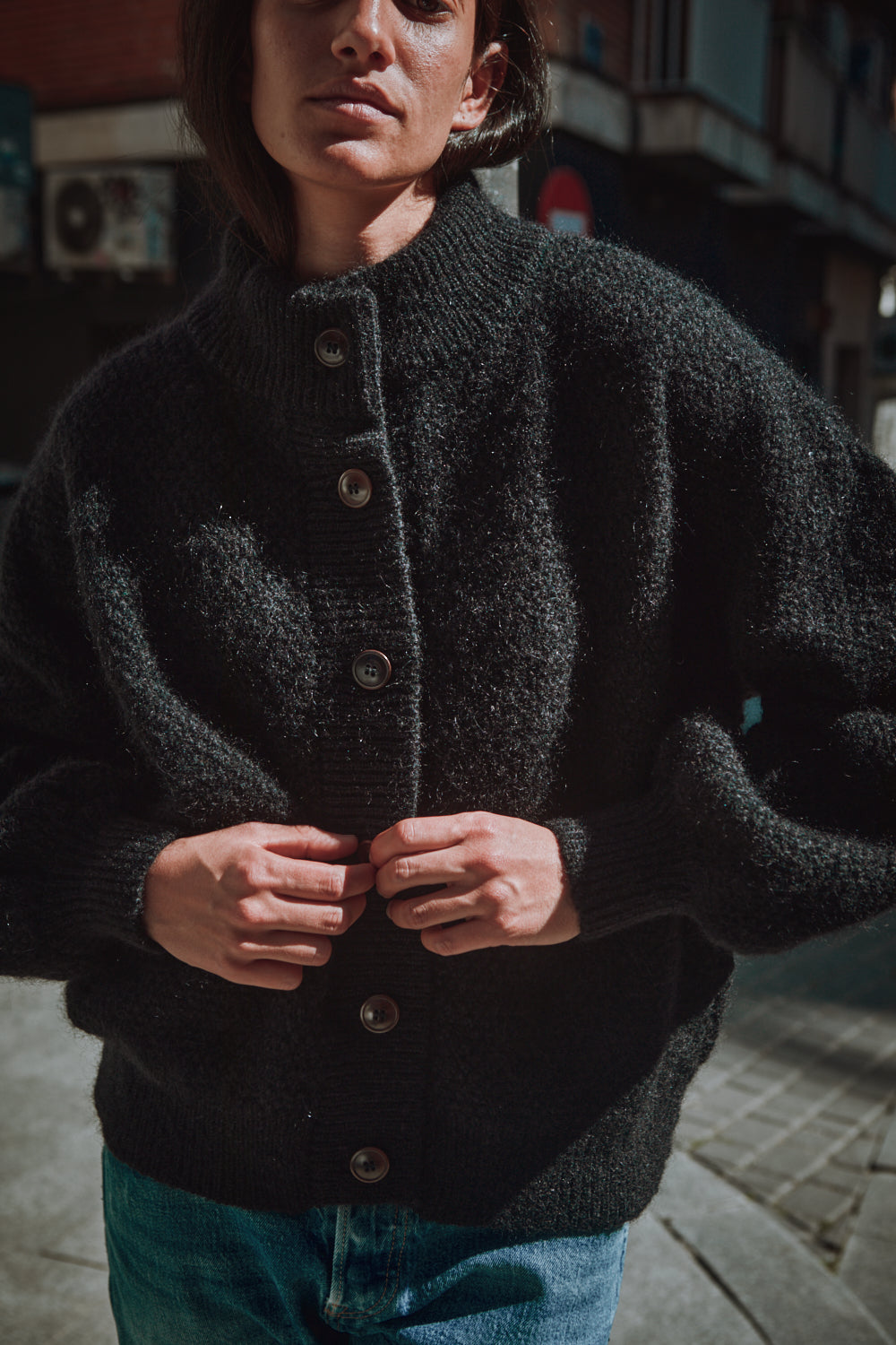 GEORGE High-Neck Cardigan Jacket in Black - Natural Merino-Mohair Wool - L'Envers