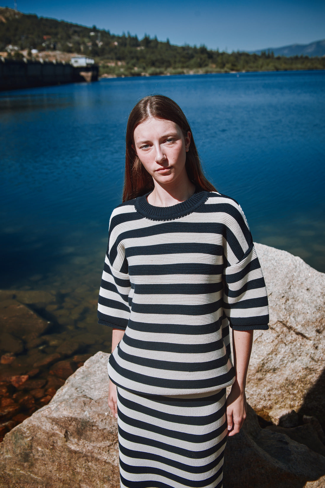 GERALDINE Oversize Tee in Organic Cotton - Navy Blue and Off-white stripes - L'ENVERS
